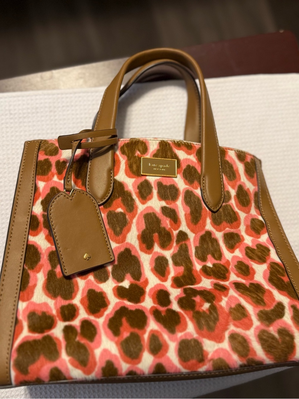 kate spade Pink and Brown Leopard Print Tote with Tan Trim